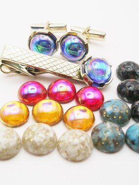 Vintage Cuff Links Tie Clip Set interchangeable magnetic Glass Cabochons